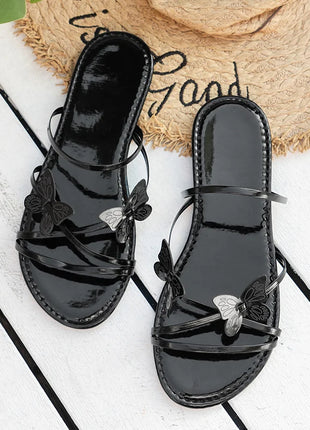 Women's Slippers with Butterfly Design Summer Chic Rose Gold Metal Band Slides Ladies Casual Outdoor Flat Beach Sandal Shoes Plus Size
