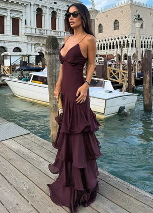 Elegant Solid Ruffled Sling Dress for Women Fashion Sleeveless Backless Party Maxi Dresses 2025 New Female Vacation Robes Street