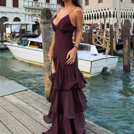 Elegant Solid Ruffled Sling Dress for Women Fashion Sleeveless Backless Party Maxi Dresses 2025 New Female Vacation Robes Street