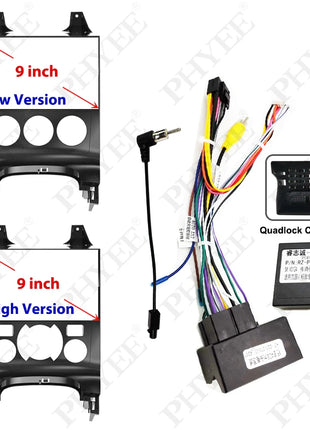 Kit di montaggio telaio pannello radio Android da 9" con decodificatore CAN Bus da 16 pin a cablaggio Quadlock per Peugeot 3008 2009-2015