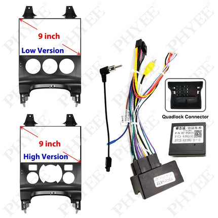 Kit di montaggio telaio pannello radio Android da 9" con decodificatore CAN Bus da 16 pin a cablaggio Quadlock per Peugeot 3008 2009-2015