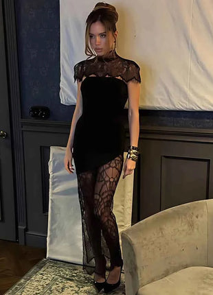 Mozision Mini abito sexy senza schienale in pizzo Abito da donna Elegante vedere attraverso dolcevita senza maniche aderente Abiti da festa da club femminile
