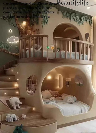 N49 J Whole House Custom Full Solid Wood Children's Tree House Slide Upper And Lower Bunk Beds Solid Wood High Guardrail Bed Mor