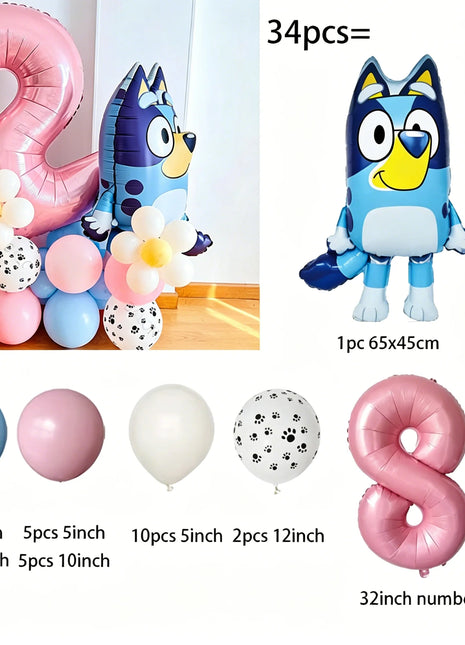 Set di Palloncini per il 2° Compleanno di Bluey, Palloncino in Foil Numero 2 Rosa, Decorazioni per Feste con Cane Blu, Fiori e Zampe, Kit per Sfondo Fotografico per Bambini