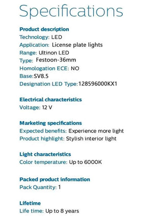 Philips Ultinon LED Fest 36mm 37mm 38mm C5W Festoon 12859 6000K Cool White 2x LED Chips Car Turn Signal Interior Light  (Single)