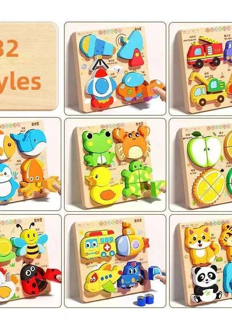 Montessori Cartoon 3D Wooden Puzzle Animal Traffic Jigsaw Toys for Kids Early Learning Educational Cognitive Game Children Gifts