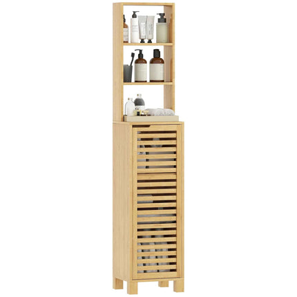Homcom Tall Narrow Bamboo Bathroom Cabinet with 3 Open Shelves Slatted Door Adjustable Shelves Natural