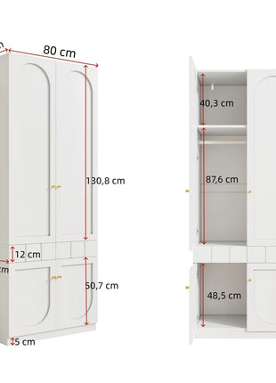 Armadio verniciato a 2 ante con cassetti, 80×50×200 cm, bianco, autoportante, per camera da letto, ampio guardaroba con maniglie in metallo solido, armadio multifunzionale, organizer robusto per la casa, guardaroba per ripo