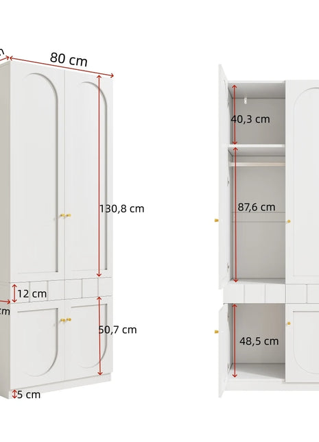 Armadio verniciato a 2 ante con cassetti, 80×50×200 cm, bianco, autoportante, per camera da letto, ampio guardaroba con maniglie in metallo solido, armadio multifunzionale, organizer robusto per la casa, guardaroba per ripo