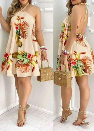 Abito con scollo all'americana con stampa floreale Abito halter senza schienale Boho per abbigliamento da donna primavera estate