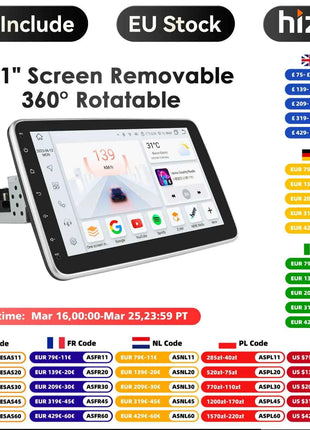 8+128G 10.1'' 360 Rotatable 1 Din AutoRadio GPS for Universal Car Multimedia Player Stereo 1DIN Video Autoradio Carplay HeadUnit