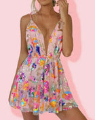 Abito corto da donna sexy con cravatta floreale con paillettes senza schienale a V profondo