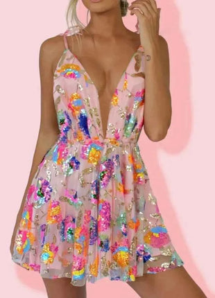 Abito corto da donna sexy con cravatta floreale con paillettes senza schienale a V profondo