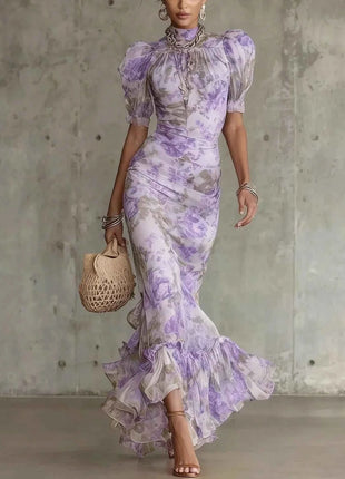 Abito da Sera Lungo Elegante con Stampa Floreale, Maniche Corte in Rete, Versatile, Stile Sirena, Aderente, Sexy con Inserti in Pizzo