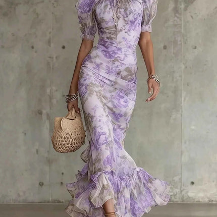 Abito da Sera Lungo Elegante con Stampa Floreale, Maniche Corte in Rete, Versatile, Stile Sirena, Aderente, Sexy con Inserti in Pizzo