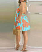 Abito con scollo all'americana con stampa floreale Abito halter senza schienale Boho per abbigliamento da donna primavera estate