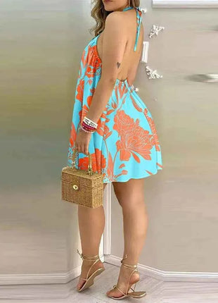 Abito con scollo all'americana con stampa floreale Abito halter senza schienale Boho per abbigliamento da donna primavera estate