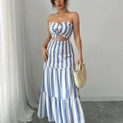 Abito Elegante a Righe con Spalle Scoperte e Gonna Arricciata con Dettaglio Intrecciato Frontale per Donna
