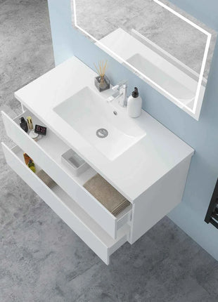 Hanging Bathroom Cabinet With Wash Basin, Width 99x44.5x52 cm, With 2 Drawers, Modern Style Bathroom Cabinet With Cushioned Closure Function, Matte White.