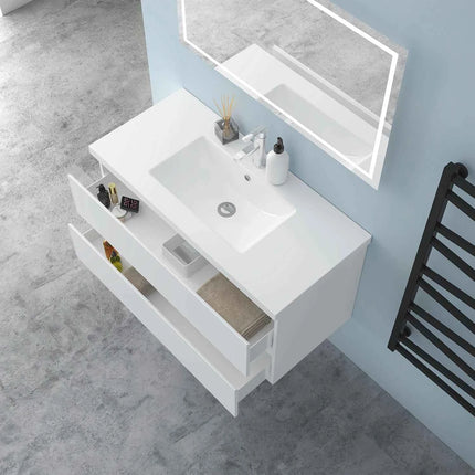 Hanging Bathroom Cabinet With Wash Basin, Width 99x44.5x52 cm, With 2 Drawers, Modern Style Bathroom Cabinet With Cushioned Closure Function, Matte White.