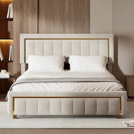 Comanlai 140x200cm Upholstered Bed, Hydraulic Bed with Storage Space and Vertical Stripes, Gold-Plated Edging, Velvet, Off-white
