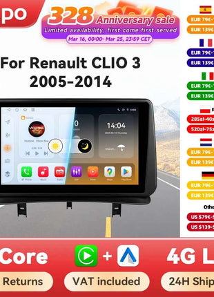 Hizpo Car Radio Autoradio for Renault Clio 3 2005 2006 2007-2014 Multimedia Player Wireless CarPlay Android Auto Stereo GPS 4G