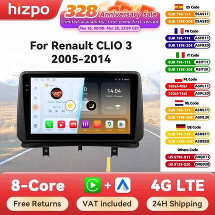 Hizpo Car Radio Autoradio for Renault Clio 3 2005 2006 2007-2014 Multimedia Player Wireless CarPlay Android Auto Stereo GPS 4G