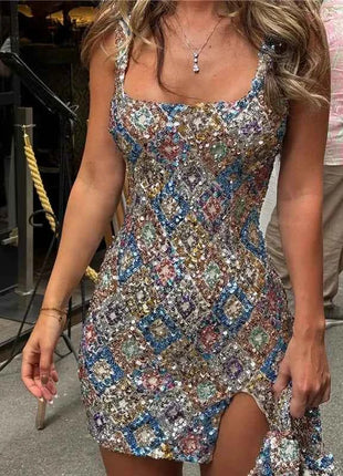 Colorful Diamond Pattern Sequin Slit Sexy Dress Women Elegant Party Club Dress Backless Mini Summer Dress Luxury Vestidos