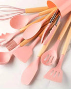 12pcs Set of Multi-color Silicone Wooden Handle Kitchenware Set Non Stick Pot Spatula and Spoon Cooking Utensils, Heat-resistant