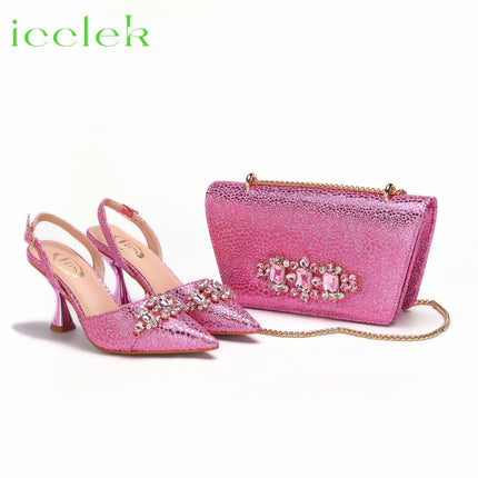 Nuovi arrivi Design speciale colore rosa scarpe e borsa da donna africane Set sandali a punta per la festa di nozze