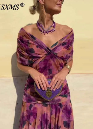 Abbigliamento donna elegante Abito plissettato a vita alta con stampa floreale Boho Nuovo abito a trapezio da cocktail con maniche a pipistrello a petto basso