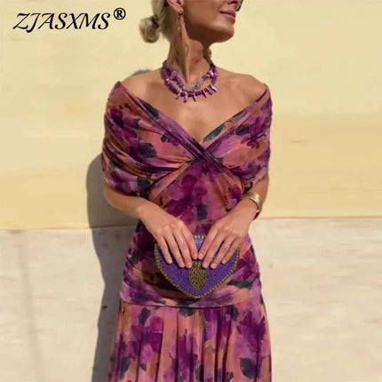 Abbigliamento donna elegante Abito plissettato a vita alta con stampa floreale Boho Nuovo abito a trapezio da cocktail con maniche a pipistrello a petto basso
