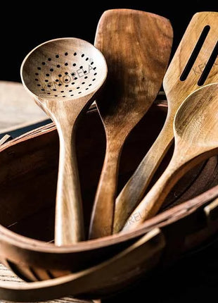 Set 9 Cucchiai e Utensili da Cucina in Legno di Teak con Porta Utensili Incluso