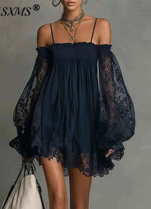 Abito Corto Sexy da Donna con Pizzo e Spalle Scoperte, Maniche Lunghe a Sbuffo, Stile Bohemien, per Primavera/Estate, Ideale per Feste in Spiaggia