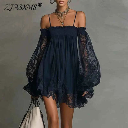 Abito Corto Sexy da Donna con Pizzo e Spalle Scoperte, Maniche Lunghe a Sbuffo, Stile Bohemien, per Primavera/Estate, Ideale per Feste in Spiaggia