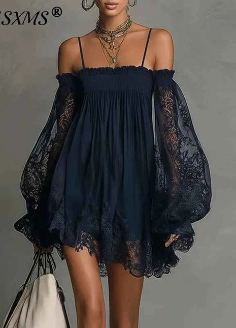 Abito Corto Sexy da Donna con Pizzo e Spalle Scoperte, Maniche Lunghe a Sbuffo, Stile Bohemien, per Primavera/Estate, Ideale per Feste in Spiaggia