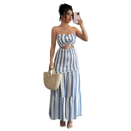 Abito Elegante a Righe con Spalle Scoperte e Gonna Arricciata con Dettaglio Intrecciato Frontale per Donna