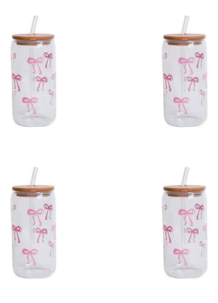 Set Bicchieri in Vetro con Fiocco Coperchio e Cannuccia per Casa Picnic Colazione e Feste
