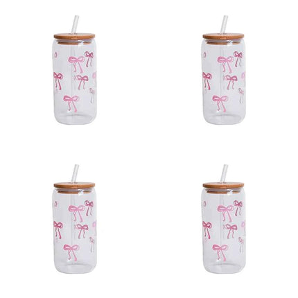 Set Bicchieri in Vetro con Fiocco Coperchio e Cannuccia per Casa Picnic Colazione e Feste
