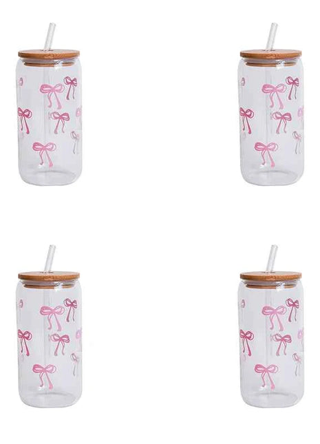 Set Bicchieri in Vetro con Fiocco Coperchio e Cannuccia per Casa Picnic Colazione e Feste