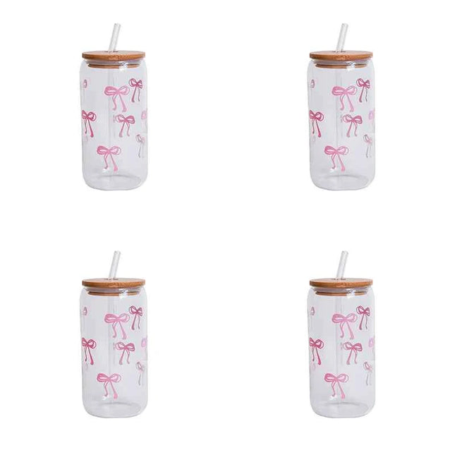 Set Bicchieri in Vetro con Fiocco Coperchio e Cannuccia per Casa Picnic Colazione e Feste