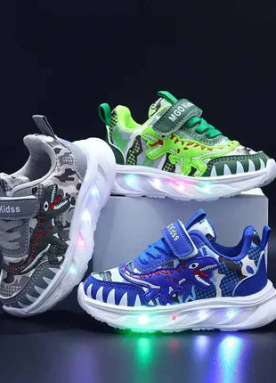Scarpe sportive per bambini nuove primaverili Dinosauro del fumetto Scarpe leggere a LED per bambini Suola morbida Scarpe da ginnastica causali per ragazzi 2-6 anni