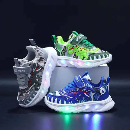 Scarpe sportive per bambini nuove primaverili Dinosauro del fumetto Scarpe leggere a LED per bambini Suola morbida Scarpe da ginnastica causali per ragazzi 2-6 anni