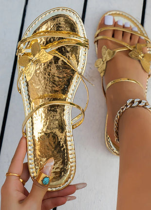 Women's Slippers with Butterfly Design Summer Chic Rose Gold Metal Band Slides Ladies Casual Outdoor Flat Beach Sandal Shoes Plus Size