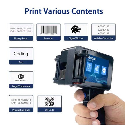 EURANNIT E14 Portable Handheld Inkjet Printer Non-encrypted Mini Printer Text QR Barcode Image Logo Date Coding Machine