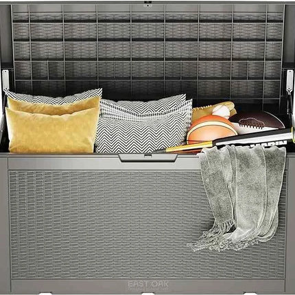 Outdoor Storage Box, 100 Gallon Deck Box, Waterproof Resin Storage Bench for Patio Cushions