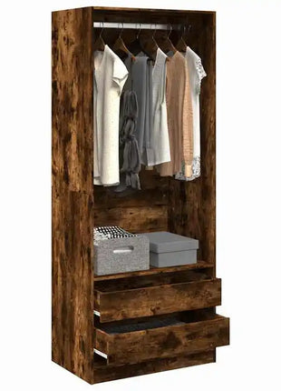 Armadio in legno ingegnerizzato di rovere affumicato 80x50x200 cm, Armadio alto con ripiani e asta appendiabiti per camera da letto