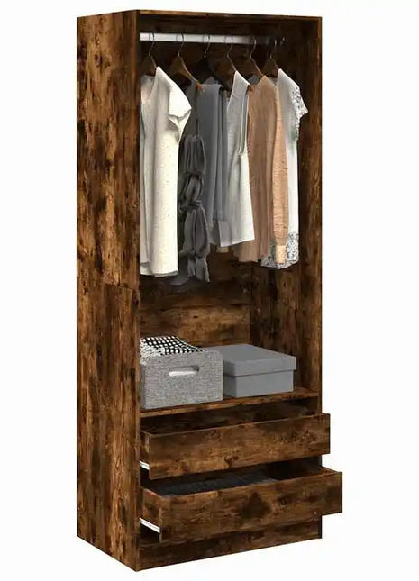 Armadio in legno ingegnerizzato di rovere affumicato 80x50x200 cm, Armadio alto con ripiani e asta appendiabiti per camera da letto