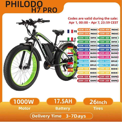 PHILODO H7 PRO Adult  Electric Bicycle 1000W Motor 48V17.5AH Battery 26 Inch All-Terrain Tires Electric Bike Adult  EBike