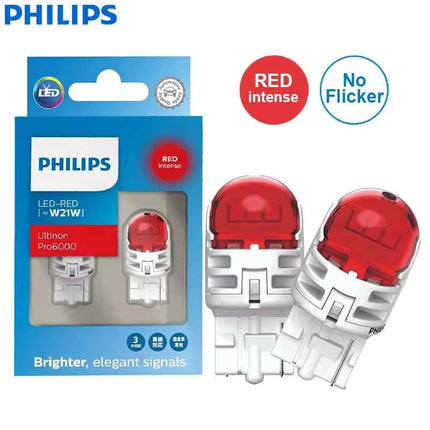 Philips LED W21W T20 7440 Ultinon Pro6000 Red Color Light Auto Rear Brake Stop Lamps No Flash Error Free 11065RU60X2, Pair